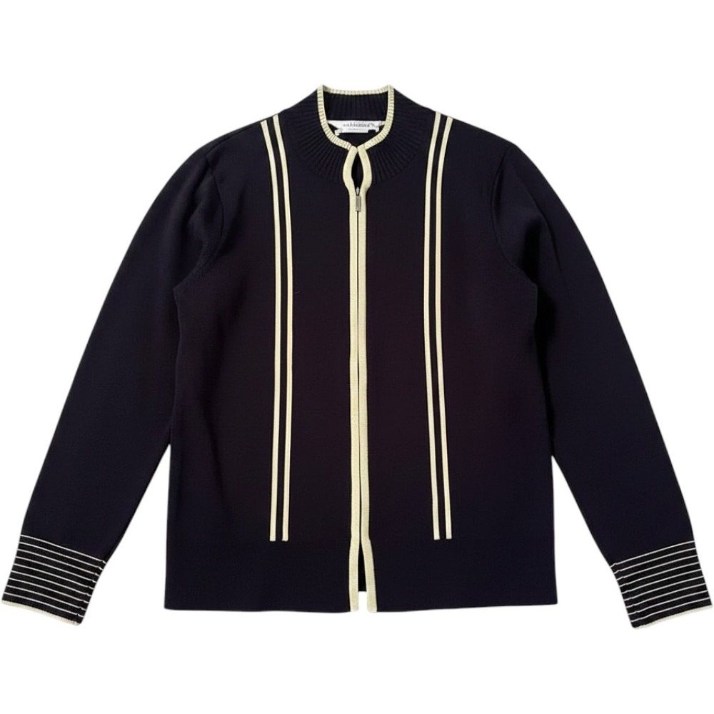Misook Zip Up Cardigan S Navy Blue Cream Stripe Mock‎ Neck Knit Quiet Luxury